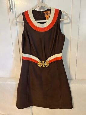 Tory Burch silk dress brown with orange and white accents gold-toned buckle